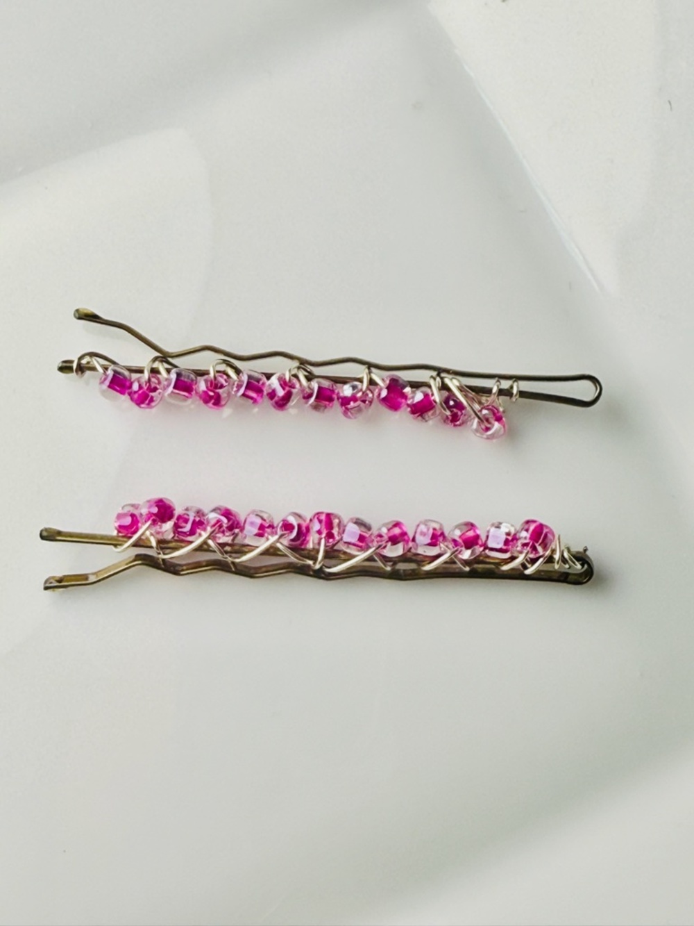 Hot Pink & Clear Seed Bead Bobby Pins